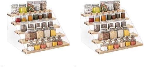 VAEHOLD Spice Rack Organizer for Cabinet & Countertop - Seasoning Organizer Spice Shelf - Space Saving Wooden Display Risers Shelf Showcase Fixtures Jewelry (5 Tier) (Pack of 2) by VAEHOLD