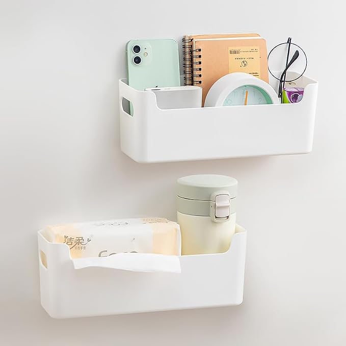 2 Pack Cabinet Organizer Storage, Adhesive Over Cabinet Door Organizer, No Drilling Space Saver Plastic Storage Containers Multi-Use for Kitchen Bathroom Office Bedroom, White - Image 5