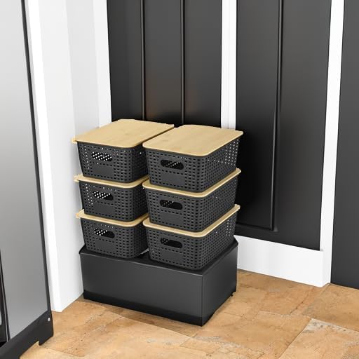 Ohmlove 6 Pack Plastic Storage Baskets with Bamboo Lids for Organization | Stackable Storage bins, Storages Baskets for Organizing Shelves Drawers Desktop Closet Playroom Classroom Office,Black - Image 5