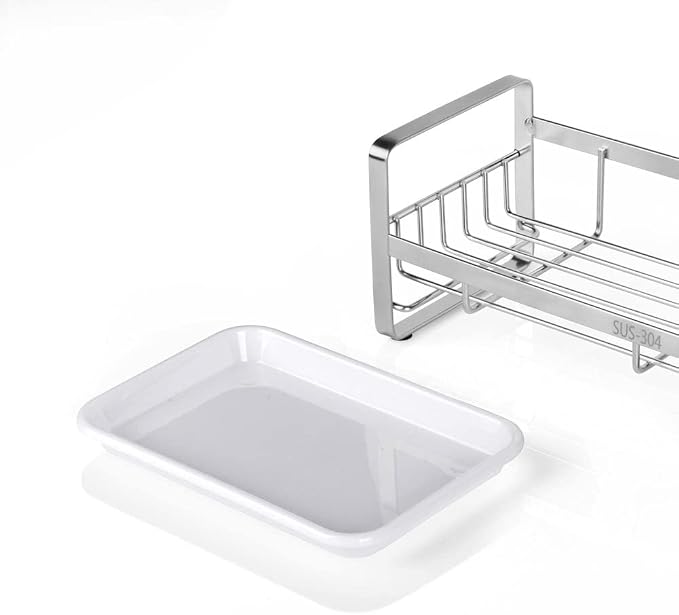 HULISEN Kitchen Sink Sponge Holder, 304 Stainless Steel Kitchen Soap Dispenser Caddy Organizer, Countertop Soap Dish Rack Drainer with Removable Drain Tray, not Including Dispenser and Brush | Removable Drain Tray, Holds Sponges Soap Bottles Brushes, C... - Image 5