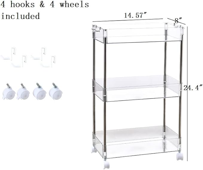 Chris.W Slim Storage Cart 3 Tier with Wheels, Clear Bathroom Cart Organizer, Mobile Shelving Unit Rolling Utility Cart, Slide Out Organizer for Kitchen, Bathroom, Laundry, Narrow Places, Office - 8" W - Image 3
