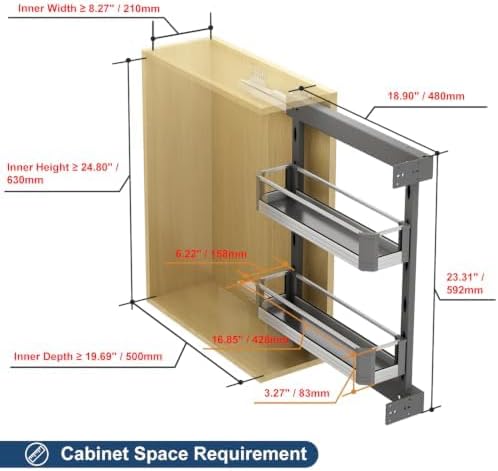 VADANIA Narrow Pull Out Cabinet Organizer, For 10" Base Cabinets | 2-Tier Slim Cabinet Storage with Glass Side Panels, Soft Close Full-Extension Slides, Reversible Left or Right Side Mount - Image 3