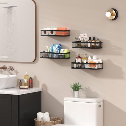 PUSDON Mesh Shower Caddy Wall Mount, Heavy Duty Adhesive Bathroom Shelf Organizer, Rustproof Floating Spice Rack for Kitchen Pantry, Holds 50 LBS, Multi-Purpose Storage Black-2 Packs (Netting) - Image 8