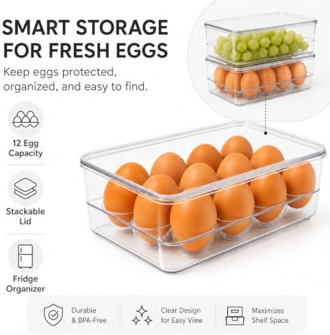 Dependable Industries inc. Essentials Stackable Plastic Egg Holder for Refrigerator with Lid – Clear 12 Count Fridge Egg Container, BPA Free Egg Storage Organizer Bin (Pack of 3) - Image 3