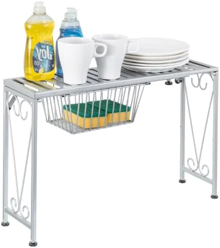 MyGift Silver Metal Over The Sink Organizer Shelf with Pull Out Drawer, Expandable Kitchen Caddy Rack, Bathroom Storage Shelf Riser with Scrollwork Design by MyGiftHome