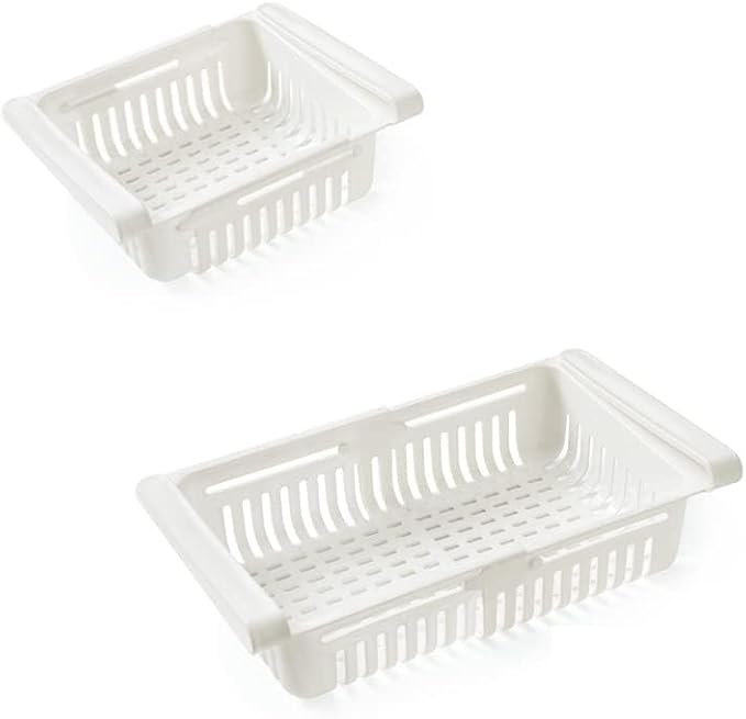 2Pcs Expandable Fridge Drawer Organizer, 20-28cm Adjustable Under Shelf Refrigerator Bins with Ventilation - Snap On Freezer Organizer for Eggs, Fruits, Vegetables, Snacks (White) by Unknown