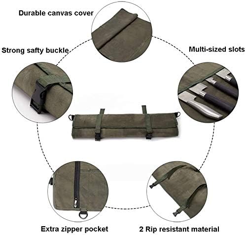 Chef’s Knife Roll Bag,Waxed Canvas Knife Cultery Carrier, Portable Chef Knife Cases,Knife Pouch Holders With 10 Slots Plus 1 Zipper Pockets Can Hold Home Kitchen Knife Tools Up To 18.8” - Image 3