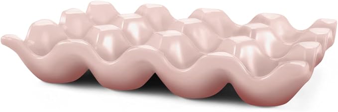 Flexzion Ceramic 12 Cups Egg Tray - Whole Dozen Porcelain Egg Holder Container Keeper Storage Organizer Decorative Serving Stand Serveware for Refrigerator Fridge Countertop Display Kitchen (Pink) - Image 2
