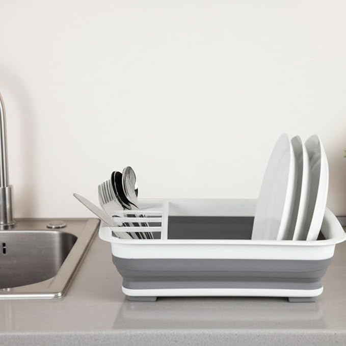Collapsible Dish Drying Rack, Foldable Dinnerware Drainer Organizer | Space-saving plastic kitchen storage organizer. Compact folding dish drainboard perfect for RVs, camping & small countertops. - Image 6