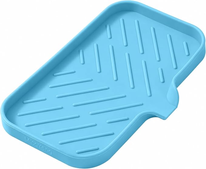 MicoYang Silicone Soap Dish with Drain Spout — Self-Draining Sink Organizer Tray for Bathroom & Kitchen, Sponges, Dispensers & Soap Holder, Non-Slip & Dishwasher Safe, Light Blue (Medium, 9.6"×5.3") by MicoYang