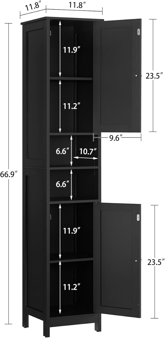 67" Tall Bathroom Cabinet with Adjustable Shelves and Doors | Narrow Bathroom Storage Cabinet for Small Space, Living Room, Entryway, Kitchen, Black - Image 3