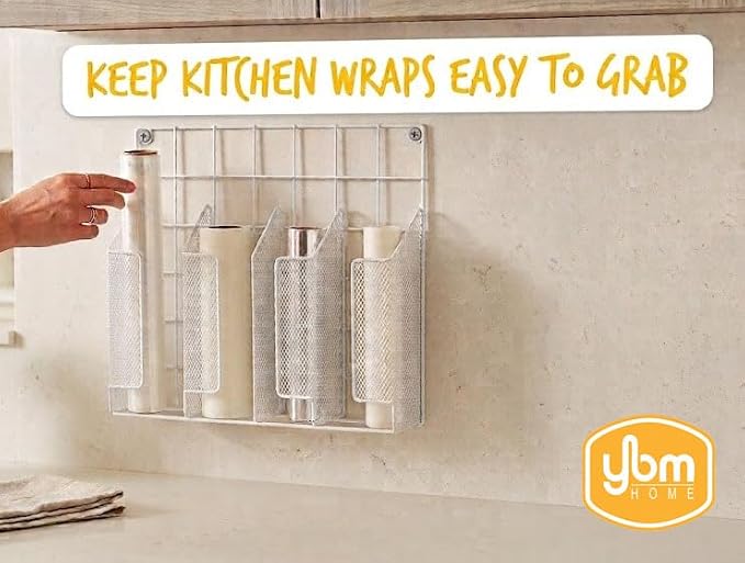 YBM HOME 4-Compartment Wall Mount Kitchen Storage Organizer Holder Basket Pantry Caddy Wrap Rack for Aluminum Foil, Sandwich Bags - White 2232 - Image 5