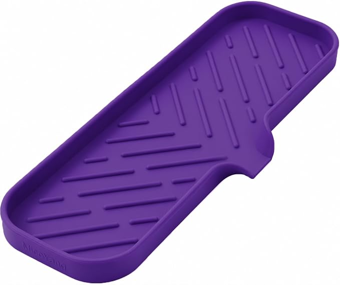 MicoYang Silicone Soap Dish with Drain Spout — Self-Draining Double Sink Organizer Tray for Kitchen & Bathroom, Dispensers, Sponges & Soap Holder, Non-Slip & Dishwasher Safe, Purple (Large, 12"×4") by MicoYang