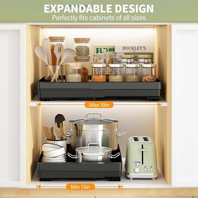 DOMNIU Pull Out Cabinet Organizers Expandable,Black,20.8"Depth,2 Pack | Slide Out Drawers for Kitchen, Bathroom, Pantry, Under Sink Storage, Fixed with Adhesive Nano Film (13''-19'') - Image 2