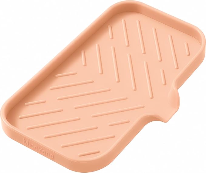 MicoYang Silicone Soap Dish with Drain Spout — Self-Draining Sink Organizer Tray for Bathroom & Kitchen, Sponges, Dispensers & Soap Holder, Non-Slip & Dishwasher Safe, Pink (Medium, 9.6"×5.3") by MicoYang