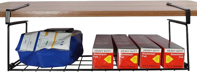 Foil and Plastic Wrap Organizer Kitchen Under Cabinet Desk Pantry Hanging Organizer Storage Foldable Rack (Black) by OKOMATCH