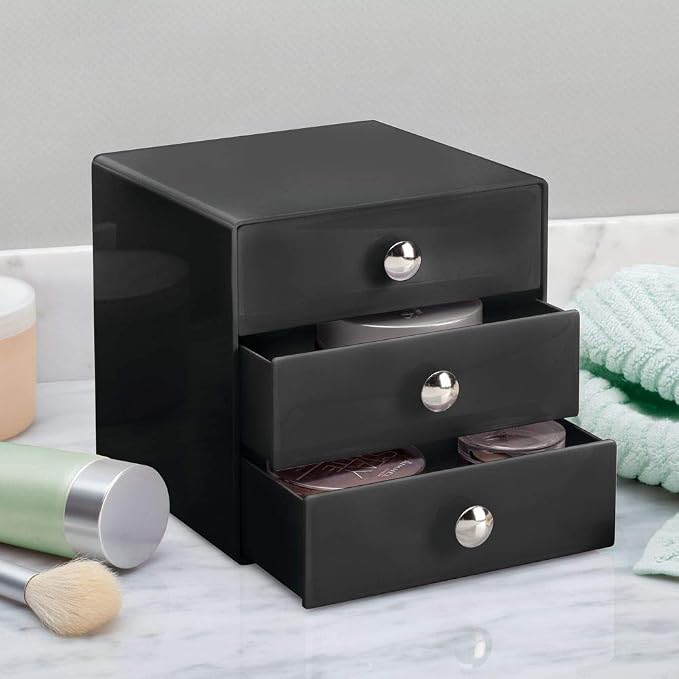 iDesign 35360 3-Drawer Plastic Vanity Organizer, Compact Storage Organization Set for Cosmetics, Dental Supplies, Hair Care, Bathroom, Dorm, Desk, Countertop, Office, 6.5" x 6.5" x 6.5", Black | BPA-Free Plastic - Image 2