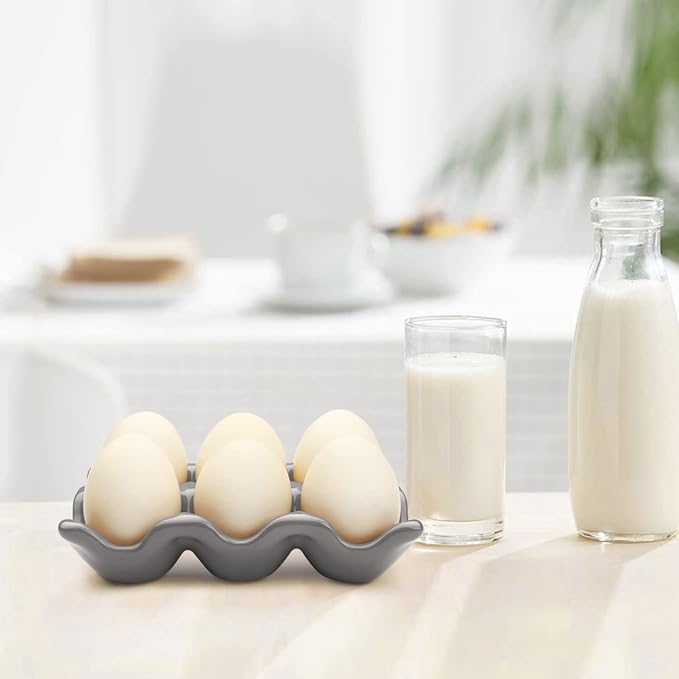 Flexzion Ceramic Egg Holder for Fridge - 6 Cups Egg Tray Half Dozen Porcelain Container Keeper Storage Organizer Decorative Serving Dish Serveware for Refrigerator Countertop Display Kitchen (Gray) - Image 4