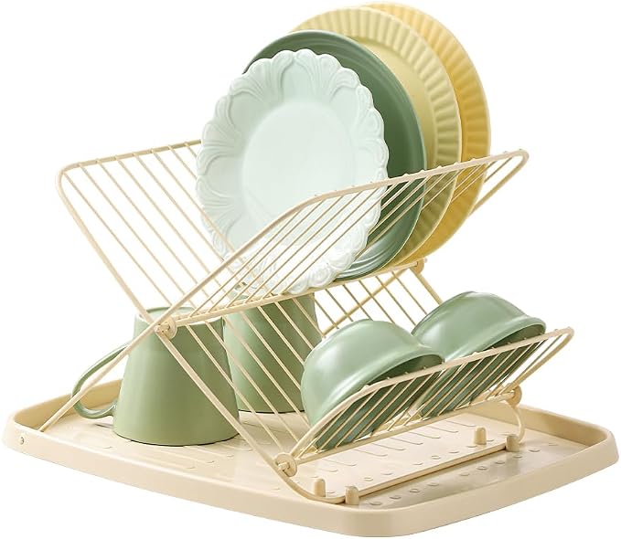 Folding Dish Drying Rack with Drip Tray with Drip Tray, 2 Tiers | Collapsible Dish Drainer, Large Capacity, Adjustable Expandable Wire Construction, For Kitchen Counter Easy Assembly, Cream by XINGXIUSIS