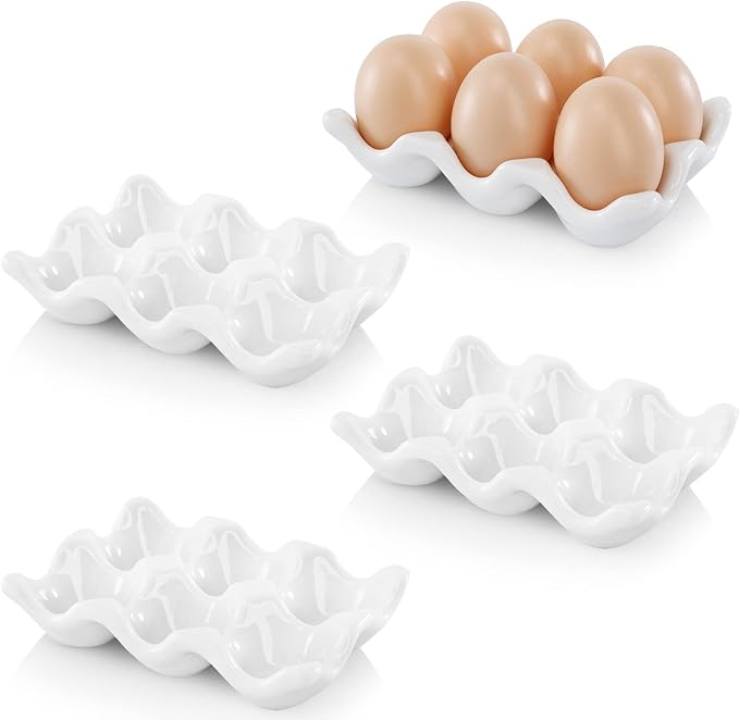 4 Pack 24 Cups Egg Tray Holders, Porcelain Egg Container for Countertop Fridge, Ceramic Eggs Keeper Storage Organizer, Tiny Egg Dispenser Serving Dish Serveware for Display, Kitchen, White by DEAYOU