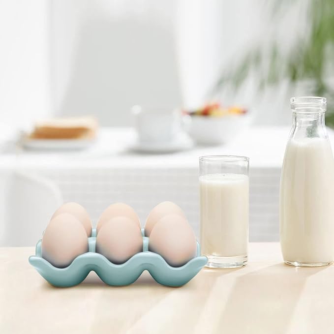 Flexzion Ceramic Egg Holder for Fridge - 6 Cups Egg Tray Half Dozen Porcelain Container Keeper Storage Organizer Decorative Serving Dish Serveware for Refrigerator Countertop Display Kitchen (Blue) - Image 4