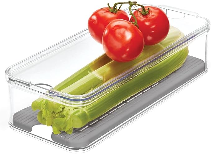 iDesign Crisp Produce Plastic Refrigerator and Modular Stacking Pantry Bin with Lid and Removable Inner Basket, Perfect for Washing Vegetables, Fruit, Lettuce, BPA Free 15.72" x 6.32" x 3.76" | Drain Tray, For Fruits & Veggies, Clear by iDesign