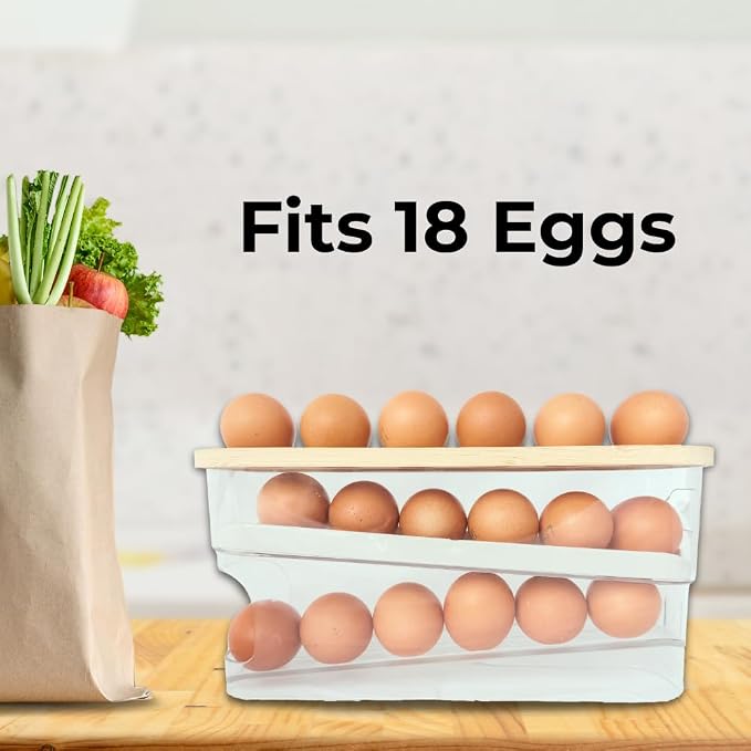 18 Egg Dispenser for Refrigerator - Durable Organizer with Wooden Lid, Space-Saving Storage Bin for Freshness, Kitchen Organization, Easy Access & Stylish Design - Image 3