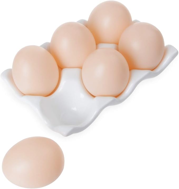 Ceramic 6 Cups Egg Tray - Half Dozen Porcelain Egg Holder Container Keeper Storage Organizer Decorative Serving Dish Plate for Refrigerator Fridge Countertop Display Kitchen Home (White) by TENINYU