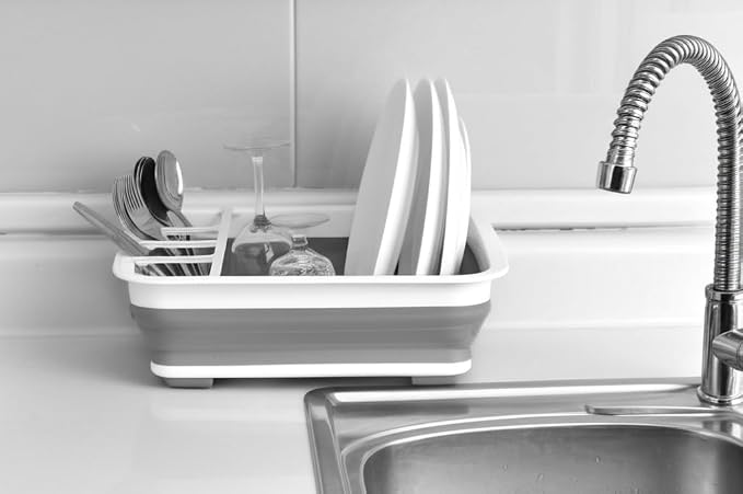 Collapsible Dish Drying Rack, Foldable Dinnerware Drainer Organizer | Space-saving plastic kitchen storage organizer. Compact folding dish drainboard perfect for RVs, camping & small countertops. - Image 4