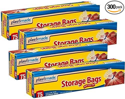 1 Gallon Storage Bags With Twist Ties, 300 Count (4 Packs of 75) | Roomy 11 x 12.5 in baggies for produce, snacks, freezer & pantry; flexible, tear resistant & easy to fill for meal prep by PlastiMade