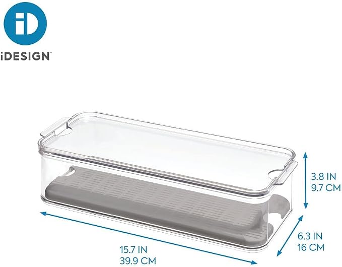 iDesign Crisp Produce Plastic Refrigerator and Modular Stacking Pantry Bin with Lid and Removable Inner Basket, Perfect for Washing Vegetables, Fruit, Lettuce, BPA Free 15.72" x 6.32" x 3.76" | Drain Tray, For Fruits & Veggies, Clear - Image 3