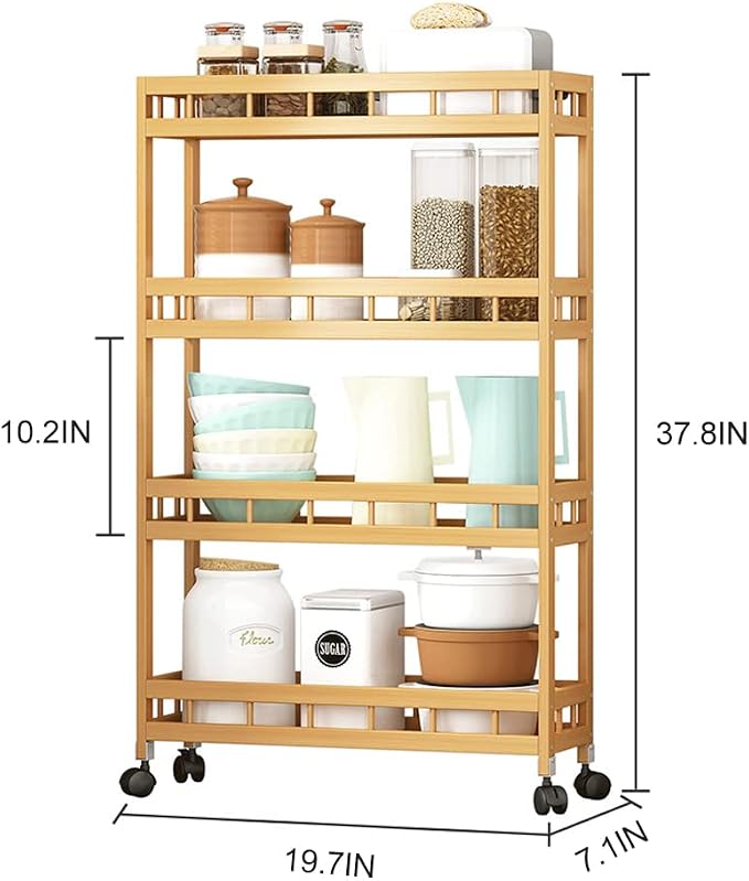 4-Tier Bamboo Utility Kitchen Rolling Cart Trolley Island Storage Shelf | (19.7" L X 7.1" W X37.8" H) Wood Removable Multi-Layer Rack on Wheels - Image 2