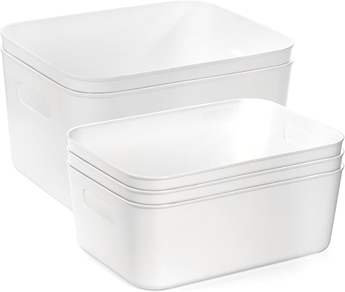 Peohud 5 Pack White Plastic Storage Bins, Pantry Organization and Storage Baskets with Handles, Open Plastic Storage Container for Home, Kitchen, Office, Shelves, Cabinet, Under Sink Organizer - Image 5