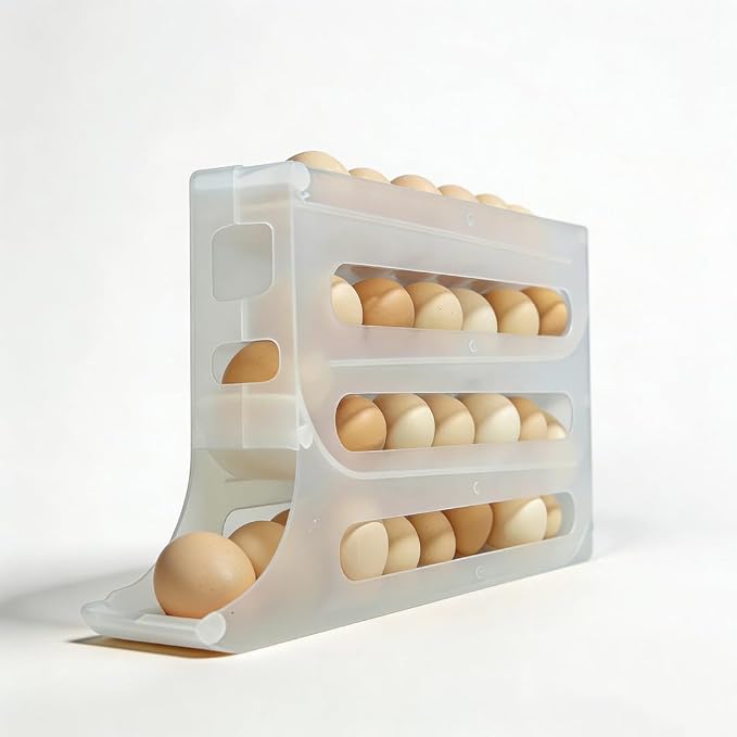 28 Egg Holder for Fridge, 4-Tier Auto Rolling Egg Organizer for Refrigerator, Gravity Slide Dispenser Rack, Space-Saving Storage (Tran) by Joezhe