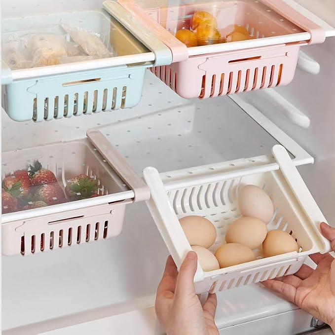 2PCS Refrigerator Drawer Organizer,Retractable Fridge Drawer Organizer Pull out Storage Box Refrigerator Bins Refrigerator Shelves for Egg Fruit Vegetable Seafood(Pink) - Image 3