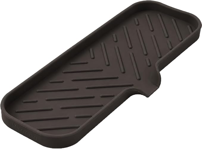 MicoYang Silicone Soap Dish with Drain Spout — Self-Draining Double Sink Organizer Tray for Kitchen & Bathroom, Dispensers, Sponges & Soap Holder, Non-Slip & Dishwasher Safe, Coffee (Large, 12"×4") by MicoYang