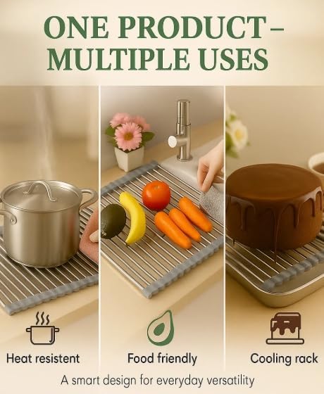 Over Sink Dish Dryng Rack - Roll Up Stainless Stell & Silicone Drying mat, Heat Resistant, Non-Slip & Foldable, Space Saving Kitchen Organizer (17.3"x 15.7") - Image 6