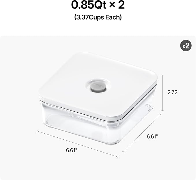 VAKUEN Premium Airtight Food Storage Containers, Mini Square 2pc/set(0.85qt), Smart One-Click Seal Lid, No Hinges, 100% Leak Proof, BPA-FREE, Dishwasher, Freezer & Microwave Safe - Image 2