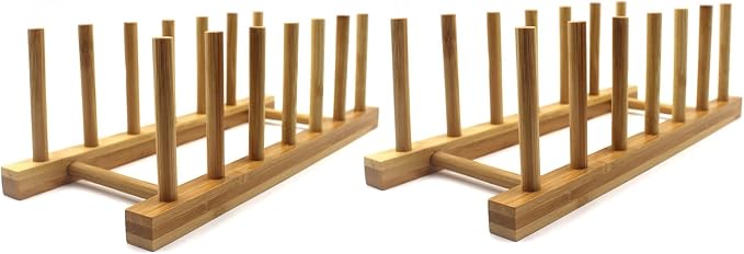 Bamboo Wooden Plate Racks Dish display Holder Kitchen Storage, Pack of 2 | Cabinet Organizer for Dish / Plate / Bowl / Cup / Pot Lid / Cutting Board/ Book (vertical) by INNERNEED