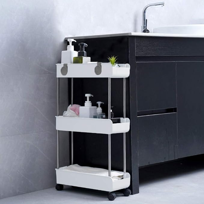 3-Tier Slim Mobile Shelving Unit on Wheels, Slide Out Rolling Bathroom Storage Organizer, Utility Carts Shelf Rack for Kitchen Bathroom Laundry Room Narrow Places, White - Image 5