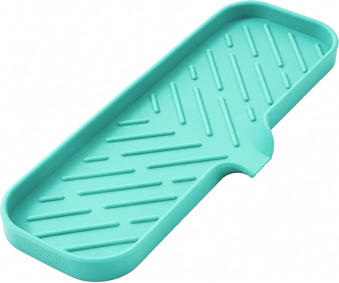 MicoYang Silicone Soap Dish with Drain Spout — Self-Draining Double Sink Organizer Tray for Kitchen & Bathroom, Dispensers, Sponges & Soap Holder, Non-Slip & Dishwasher Safe, Mint (Large, 12"×4") by MicoYang
