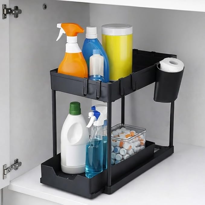 Undersink Organizer, 2-Tier Under Sink Storage Rack with Sliding Drawers for Kitchen Bathroom Cabinets, Pull Out Organizer for Pantry, Laundry Room & Closet Organization - 1 Pack, Black by Unknown