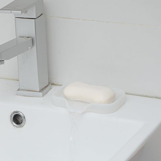 MicoYang Silicone Soap Dish with Drain Spout, Self-Draining Sink Organizer Tray for Bathroom & Kitchen, Sponges, Dispensers & Soap Holder, Non-Slip & Dishwasher Safe, Translucent (Compact, 4.9"×3.2") - Image 6