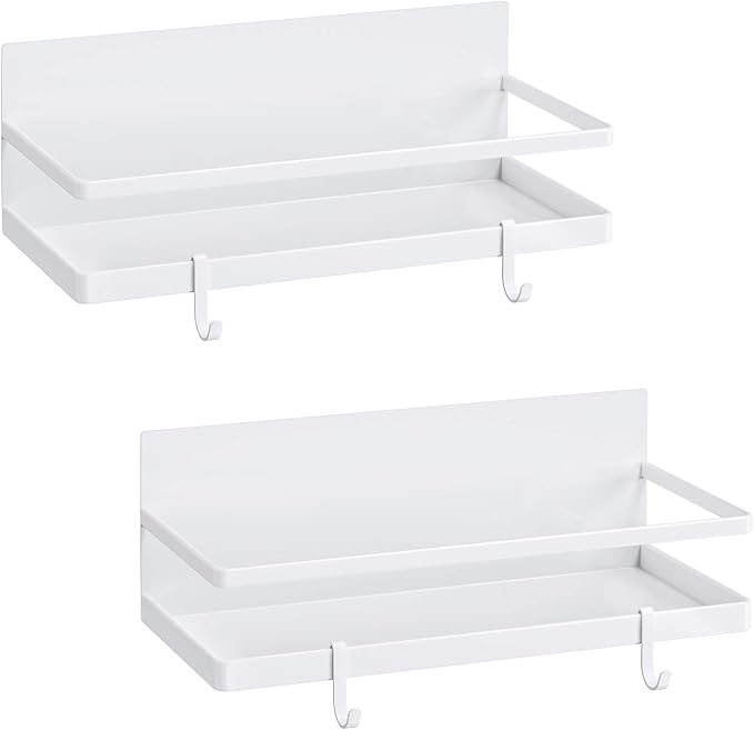 Magnetic Spice Rack, Thipoten Strong Magnetic Shelf with 2 Removable Hooks, Perfect Space Saver for Small Kitchen/ Apartment, Awesome Metal Cabinet for Holding Spices, Jars, Salt (White, 2Pack) by THIPOTEN