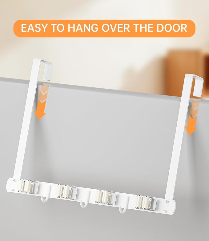Broom Holder Over The Door with Hooks -304 Stainless Steel (White) | Save Space, Anti-Rust & Sturdy, Mop and Broom Holder Wall Mounted or Hanging Over The Door, for Garage Laundry Kitchen - Image 6