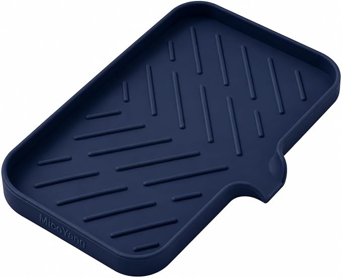 MicoYang Silicone Soap Dish with Drain Spout — Self-Draining Sink Organizer Tray for Bathroom & Kitchen, Sponges, Dispensers & Soap Holder, Non-Slip & Dishwasher Safe, Navy Blue (Medium, 9.6"×5.3") by MicoYang