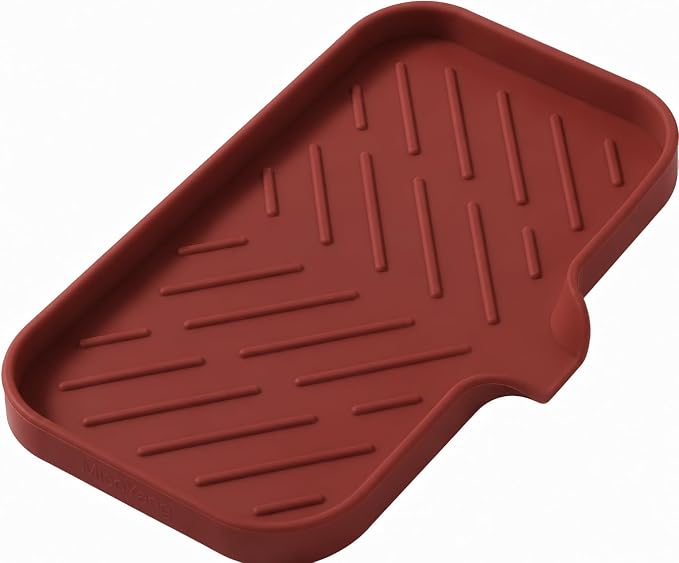 MicoYang Silicone Soap Dish with Drain Spout — Self-Draining Sink Organizer Tray for Bathroom & Kitchen, Sponges, Dispensers & Soap Holder, Non-Slip & Dishwasher Safe, Red (Medium, 9.6"×5.3") by MicoYang