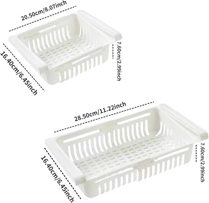 2Pcs Expandable Fridge Drawer Organizer, 20-28cm Adjustable Under Shelf Refrigerator Bins with Ventilation - Snap On Freezer Organizer for Eggs, Fruits, Vegetables, Snacks (White) - Image 2