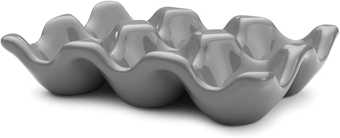 Flexzion Ceramic Egg Holder for Fridge - 6 Cups Egg Tray Half Dozen Porcelain Container Keeper Storage Organizer Decorative Serving Dish Serveware for Refrigerator Countertop Display Kitchen (Gray) - Image 2