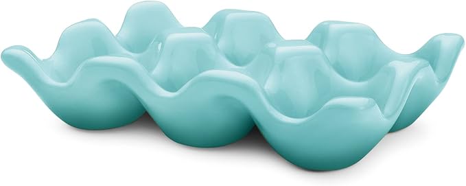 Flexzion Ceramic Egg Holder for Fridge - 6 Cups Egg Tray Half Dozen Porcelain Container Keeper Storage Organizer Decorative Serving Dish Serveware for Refrigerator Countertop Display Kitchen (Blue) - Image 2